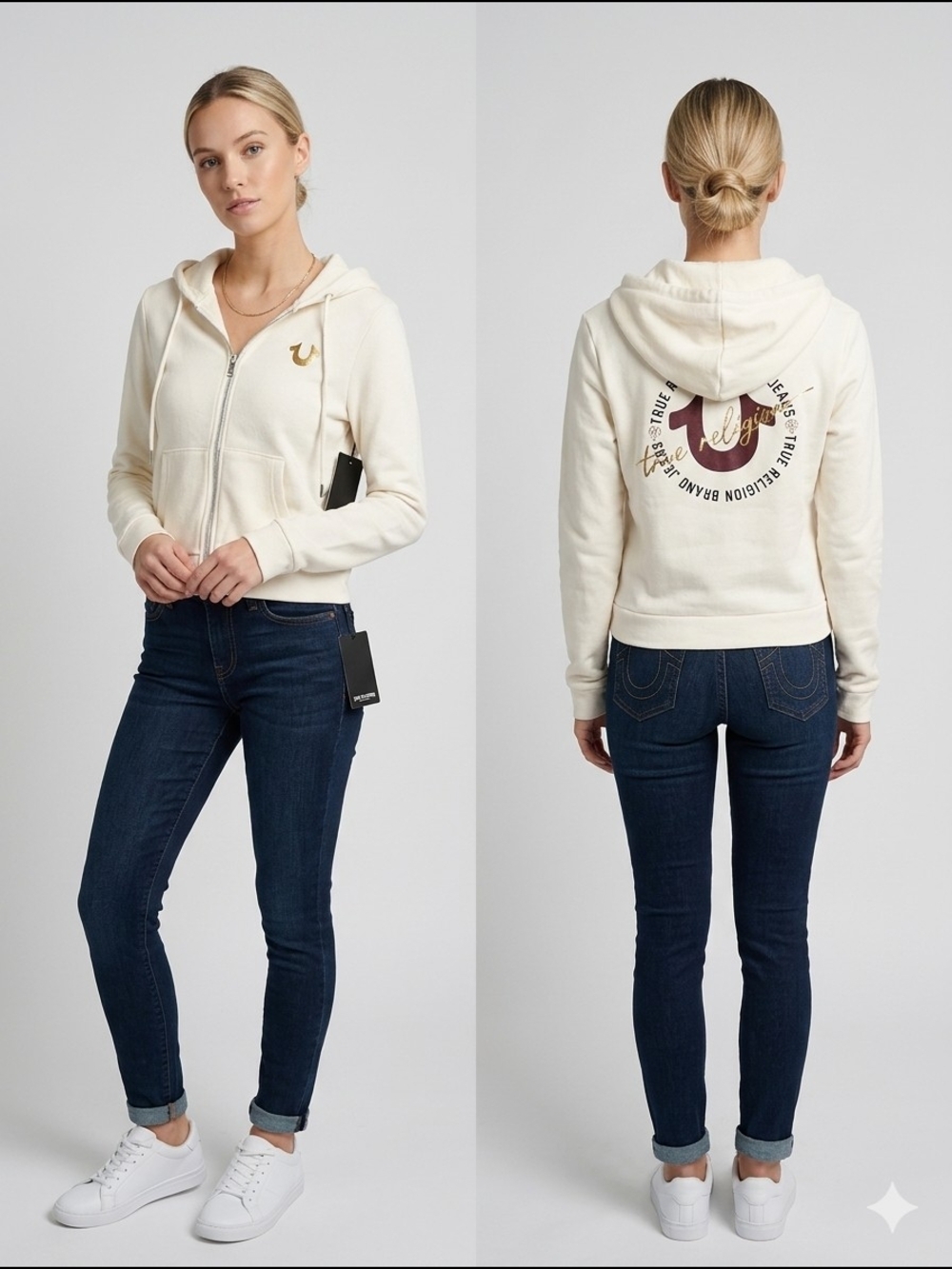True Religion Cream Zip-Up Hoodie with Back Logo